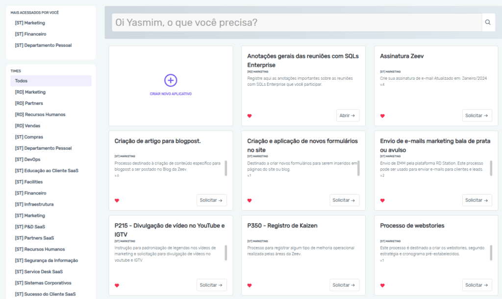 Tela da seção de aplicativos de processos do BPMS Zeev