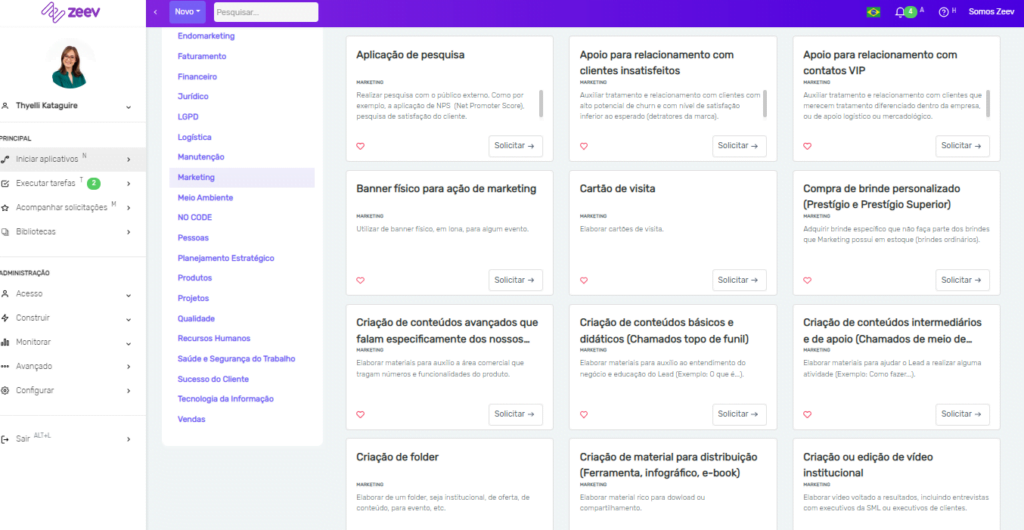 Print da tela do sistema zeev low code de automatização de processos.
