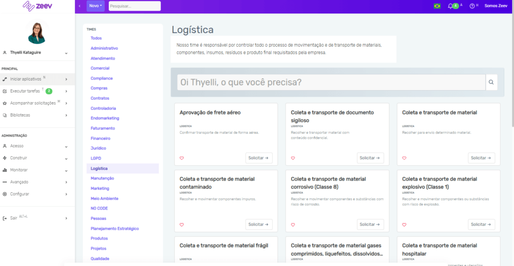 Print da tela Aplicativos da área de logística Zeev