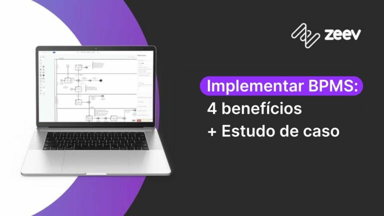 BPMS no computador com os dizeres escrito "benefícios de implementar BPMS"