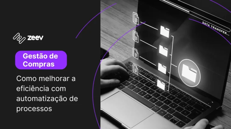 Como melhorar a eficiência da gestão de compras com a automatização de processos. No lado direito da imagem, há uma mão sobre um notebook e algumas pastas em hologramas demonstrando a organização e automatização de um processo