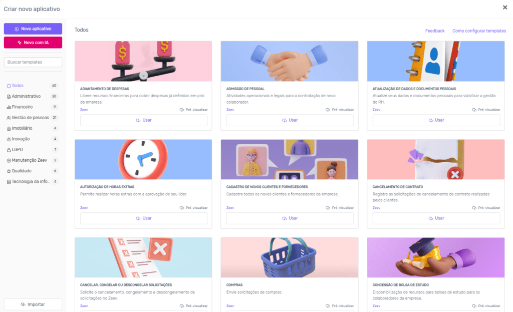Tela do marketplace de templates de processos prontos no Zeev