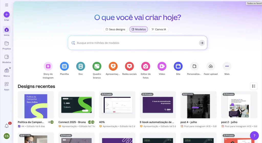 Tela inicial da ferramenta Canva