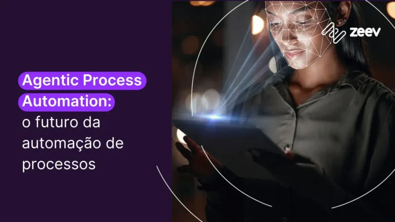mulher negra com camisa social escura, olhando para uma tela de tablet. Título do texto: Agentic Process Automation, o futuro da automação de processos